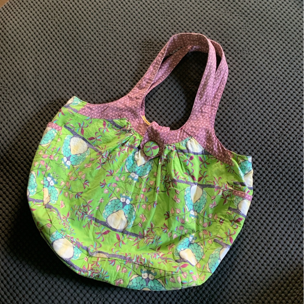 Hand Crafted Green and Purple Owl Fabric Tote Bag